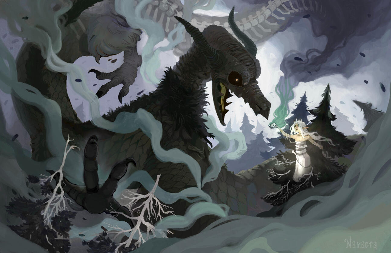 Vulture dragon summoned by a witch, formed from billowing smoke.