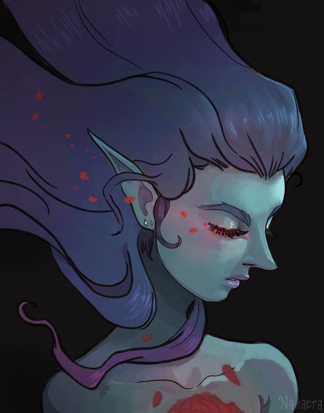 An elven woman with petals for a heart.