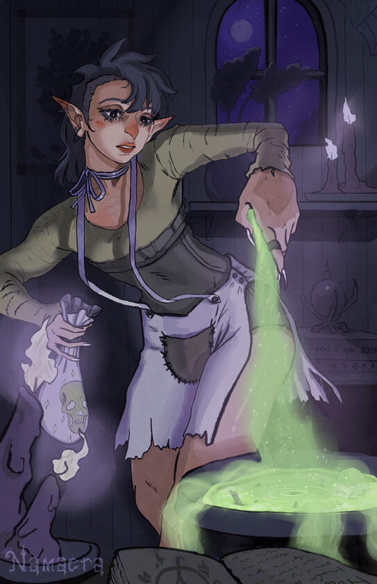 A witch adding "seasoning" to her bubbling lime green oozing cauldron. The seasoning comes from a bag with a skull on its facing.