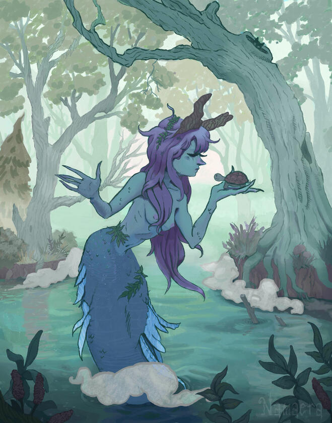 A mermaid in a swamp holding up a tortoise and chatting.